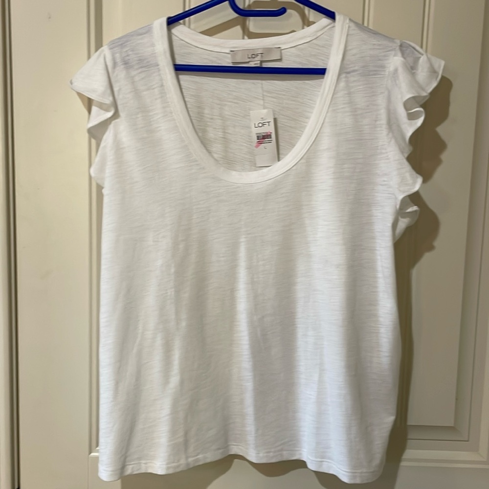 Loft, NWT, White Ruffle Sleeve Top, Large